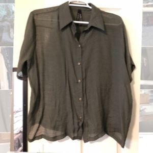 Sheer Dark Olive short Sleeve Button Up Blouse